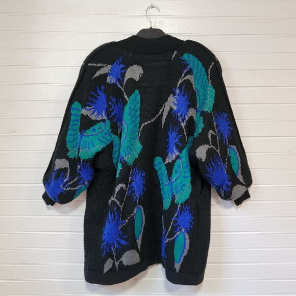 Angenie Vintage 80s Butterfly Print Fuzzy Grandpa Cardigan Sweater Puff Sleeve - Picture 2 of 5